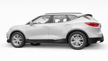 Beyaz izole edilmiş arka planda yaşayan genç insanlar ve aileler için akılda kalıcı bir tasarımı olan ultra modern bir SUV. Parlak farlar. 3d illüstrasyon