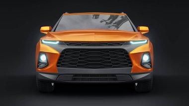 Siyahi izole bir geçmişe sahip gençler ve aileler için akılda kalıcı bir tasarımı olan ultra modern SUV. Parlak farlar. 3d illüstrasyon