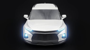 Siyahi izole bir geçmişe sahip gençler ve aileler için akılda kalıcı bir tasarımı olan ultra modern SUV. Parlak farlar. 3d illüstrasyon