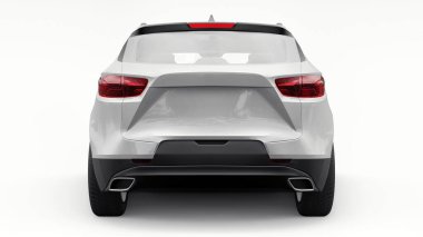 Beyaz izole edilmiş arka planda yaşayan genç insanlar ve aileler için akılda kalıcı bir tasarımı olan ultra modern bir SUV. Parlak farlar. 3d illüstrasyon
