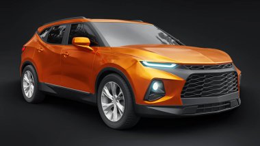 Siyahi izole bir geçmişe sahip gençler ve aileler için akılda kalıcı bir tasarımı olan ultra modern SUV. Parlak farlar. 3d illüstrasyon