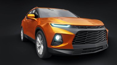 Siyahi izole bir geçmişe sahip gençler ve aileler için akılda kalıcı bir tasarımı olan ultra modern SUV. Parlak farlar. 3d illüstrasyon