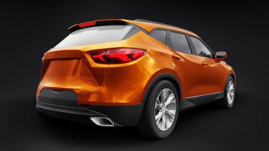 Siyahi izole bir geçmişe sahip gençler ve aileler için akılda kalıcı bir tasarımı olan ultra modern SUV. Parlak farlar. 3d illüstrasyon