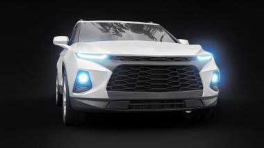Siyahi izole bir geçmişe sahip gençler ve aileler için akılda kalıcı bir tasarımı olan ultra modern SUV. Parlak farlar. 3d illüstrasyon