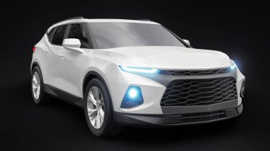 Siyahi izole bir geçmişe sahip gençler ve aileler için akılda kalıcı bir tasarımı olan ultra modern SUV. Parlak farlar. 3d illüstrasyon