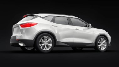 Siyahi izole bir geçmişe sahip gençler ve aileler için akılda kalıcı bir tasarımı olan ultra modern SUV. Parlak farlar. 3d illüstrasyon