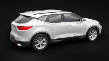 Siyahi izole bir geçmişe sahip gençler ve aileler için akılda kalıcı bir tasarımı olan ultra modern SUV. Parlak farlar. 3d illüstrasyon