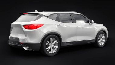Siyahi izole bir geçmişe sahip gençler ve aileler için akılda kalıcı bir tasarımı olan ultra modern SUV. Parlak farlar. 3d illüstrasyon