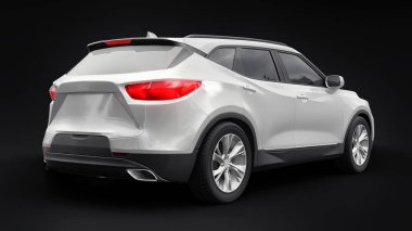 Siyahi izole bir geçmişe sahip gençler ve aileler için akılda kalıcı bir tasarımı olan ultra modern SUV. Parlak farlar. 3d illüstrasyon
