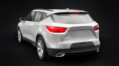 Siyahi izole bir geçmişe sahip gençler ve aileler için akılda kalıcı bir tasarımı olan ultra modern SUV. Parlak farlar. 3d illüstrasyon
