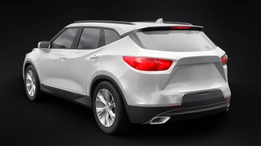 Siyahi izole bir geçmişe sahip gençler ve aileler için akılda kalıcı bir tasarımı olan ultra modern SUV. Parlak farlar. 3d illüstrasyon