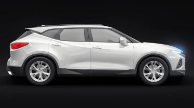 Siyahi izole bir geçmişe sahip gençler ve aileler için akılda kalıcı bir tasarımı olan ultra modern SUV. Parlak farlar. 3d illüstrasyon