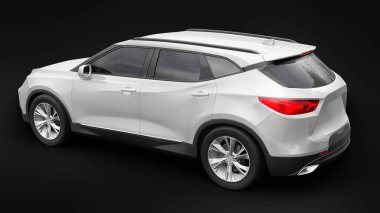 Siyahi izole bir geçmişe sahip gençler ve aileler için akılda kalıcı bir tasarımı olan ultra modern SUV. Parlak farlar. 3d illüstrasyon