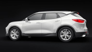 Siyahi izole bir geçmişe sahip gençler ve aileler için akılda kalıcı bir tasarımı olan ultra modern SUV. Parlak farlar. 3d illüstrasyon