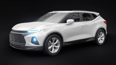 Siyahi izole bir geçmişe sahip gençler ve aileler için akılda kalıcı bir tasarımı olan ultra modern SUV. Parlak farlar. 3d illüstrasyon