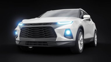 Siyahi izole bir geçmişe sahip gençler ve aileler için akılda kalıcı bir tasarımı olan ultra modern SUV. Parlak farlar. 3d illüstrasyon