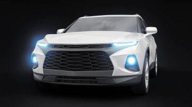 Siyahi izole bir geçmişe sahip gençler ve aileler için akılda kalıcı bir tasarımı olan ultra modern SUV. Parlak farlar. 3d illüstrasyon