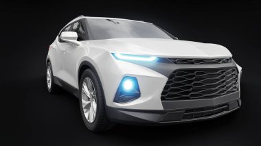 Siyahi izole bir geçmişe sahip gençler ve aileler için akılda kalıcı bir tasarımı olan ultra modern SUV. Parlak farlar. 3d illüstrasyon