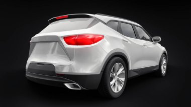 Siyahi izole bir geçmişe sahip gençler ve aileler için akılda kalıcı bir tasarımı olan ultra modern SUV. Parlak farlar. 3d illüstrasyon