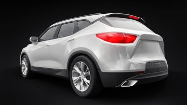 Siyahi izole bir geçmişe sahip gençler ve aileler için akılda kalıcı bir tasarımı olan ultra modern SUV. Parlak farlar. 3d illüstrasyon