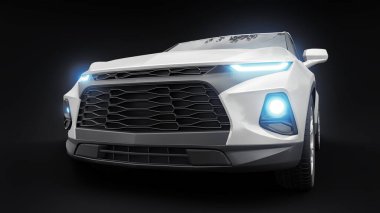 Siyahi izole bir geçmişe sahip gençler ve aileler için akılda kalıcı bir tasarımı olan ultra modern SUV. Parlak farlar. 3d illüstrasyon