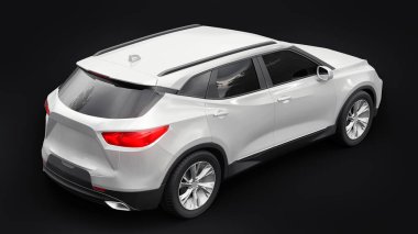 Siyahi izole bir geçmişe sahip gençler ve aileler için akılda kalıcı bir tasarımı olan ultra modern SUV. Parlak farlar. 3d illüstrasyon