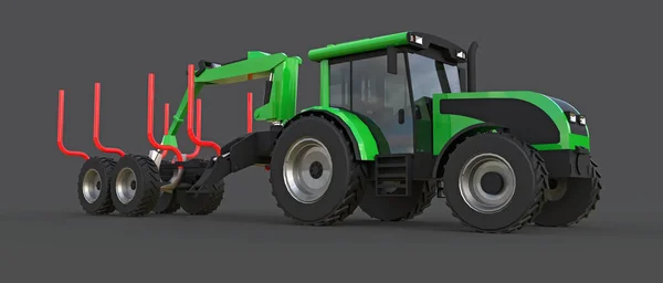 Зелений Трактор Причепом Лісозаготівель Сірому Фоні Візуалізація — стокове фото