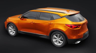 Siyahi izole bir geçmişe sahip gençler ve aileler için akılda kalıcı bir tasarımı olan ultra modern SUV. Parlak farlar. 3d illüstrasyon