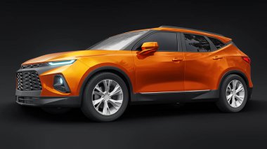 Siyahi izole bir geçmişe sahip gençler ve aileler için akılda kalıcı bir tasarımı olan ultra modern SUV. Parlak farlar. 3d illüstrasyon