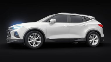 Siyahi izole bir geçmişe sahip gençler ve aileler için akılda kalıcı bir tasarımı olan ultra modern SUV. Parlak farlar. 3d illüstrasyon