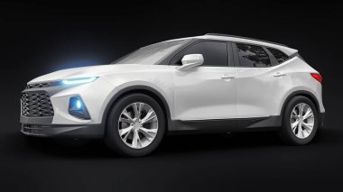 Siyahi izole bir geçmişe sahip gençler ve aileler için akılda kalıcı bir tasarımı olan ultra modern SUV. Parlak farlar. 3d illüstrasyon