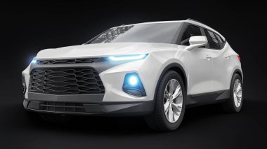 Siyahi izole bir geçmişe sahip gençler ve aileler için akılda kalıcı bir tasarımı olan ultra modern SUV. Parlak farlar. 3d illüstrasyon
