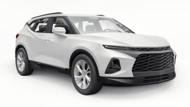 Beyaz izole edilmiş arka planda yaşayan genç insanlar ve aileler için akılda kalıcı bir tasarımı olan ultra modern bir SUV. Parlak farlar. 3d illüstrasyon
