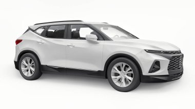Beyaz izole edilmiş arka planda yaşayan genç insanlar ve aileler için akılda kalıcı bir tasarımı olan ultra modern bir SUV. Parlak farlar. 3d illüstrasyon