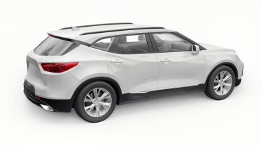 Beyaz izole edilmiş arka planda yaşayan genç insanlar ve aileler için akılda kalıcı bir tasarımı olan ultra modern bir SUV. Parlak farlar. 3d illüstrasyon