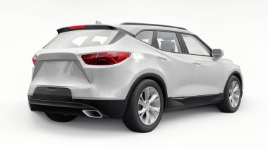 Beyaz izole edilmiş arka planda yaşayan genç insanlar ve aileler için akılda kalıcı bir tasarımı olan ultra modern bir SUV. Parlak farlar. 3d illüstrasyon