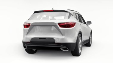 Beyaz izole edilmiş arka planda yaşayan genç insanlar ve aileler için akılda kalıcı bir tasarımı olan ultra modern bir SUV. Parlak farlar. 3d illüstrasyon