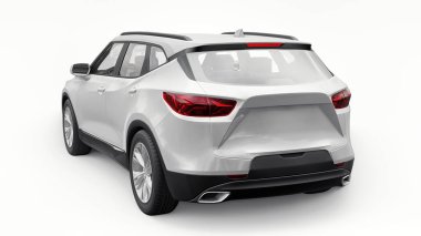 Beyaz izole edilmiş arka planda yaşayan genç insanlar ve aileler için akılda kalıcı bir tasarımı olan ultra modern bir SUV. Parlak farlar. 3d illüstrasyon