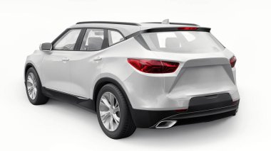 Beyaz izole edilmiş arka planda yaşayan genç insanlar ve aileler için akılda kalıcı bir tasarımı olan ultra modern bir SUV. Parlak farlar. 3d illüstrasyon