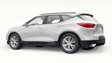 Beyaz izole edilmiş arka planda yaşayan genç insanlar ve aileler için akılda kalıcı bir tasarımı olan ultra modern bir SUV. Parlak farlar. 3d illüstrasyon