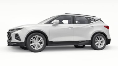 Beyaz izole edilmiş arka planda yaşayan genç insanlar ve aileler için akılda kalıcı bir tasarımı olan ultra modern bir SUV. Parlak farlar. 3d illüstrasyon