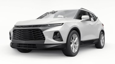 Beyaz izole edilmiş arka planda yaşayan genç insanlar ve aileler için akılda kalıcı bir tasarımı olan ultra modern bir SUV. Parlak farlar. 3d illüstrasyon