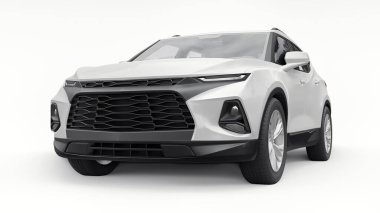 Beyaz izole edilmiş arka planda yaşayan genç insanlar ve aileler için akılda kalıcı bir tasarımı olan ultra modern bir SUV. Parlak farlar. 3d illüstrasyon