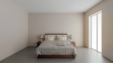 3D çizim modern iç tasarım. Şık, geniş yataklı güzel bir yatak odası. 3B illüstrasyon.