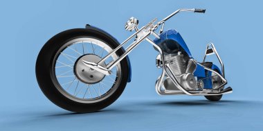 Açık mavi arka planda izole edilmiş mavi klasik motosiklet. 3d rendring
