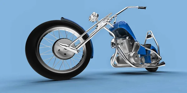 Motocicleta Personalizada Clássica Azul Isolada Fundo Azul Claro Renderização — Fotografia de Stock