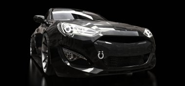 Siyah arka planda siyah spor araba coupe. 3d oluşturma