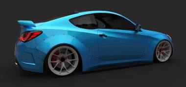 Gri arka planda mavi, küçük spor araba coupe. 3d oluşturma