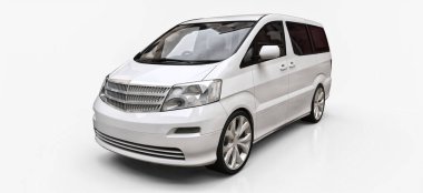 İnsanların taşınması için beyaz, küçük bir minivan. Parlak beyaz bir arka planda üç boyutlu illüstrasyon. 3d oluşturma
