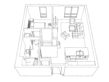 Dairenin modern iç tasarımı. Yeni, güzel bir apartman tasarımı. 3B illüstrasyon